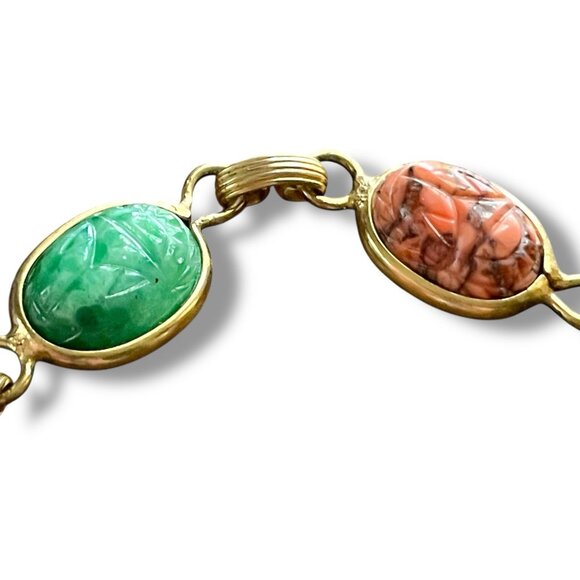Vintage Scarab Bracelet Art Glass Gold Tone Egyptian Revival 1970s Boho Cabochon - Picture 7 of 12